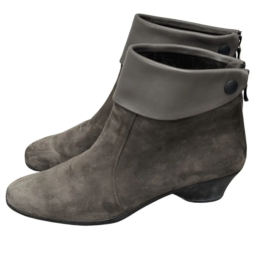Arche France Calfskin Suede Leather Ankle Boots Taupe Gray Wedge Zip Booties 8.5